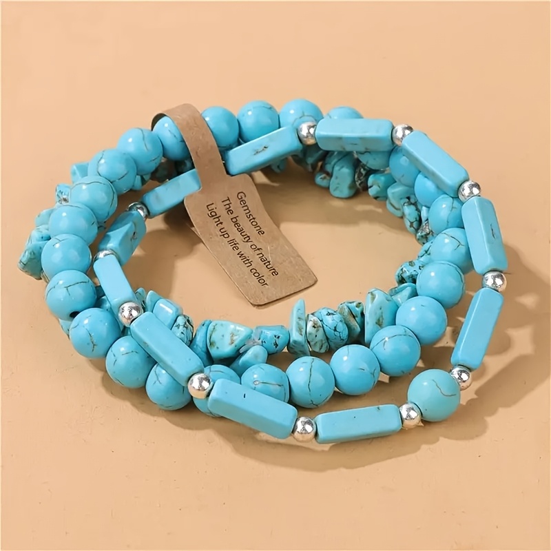 3pcs Turquoise Beaded Bracelets Bohemian Style Elastic Jewelry
